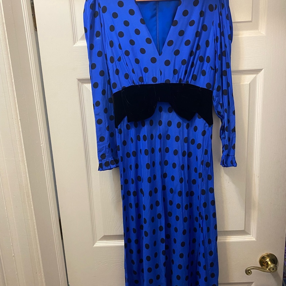 RIXO LONDON Eloise Velvet Polka Dot MIDI Blue Dress Small Bow Party Rare Bias - Picture 6 of 9